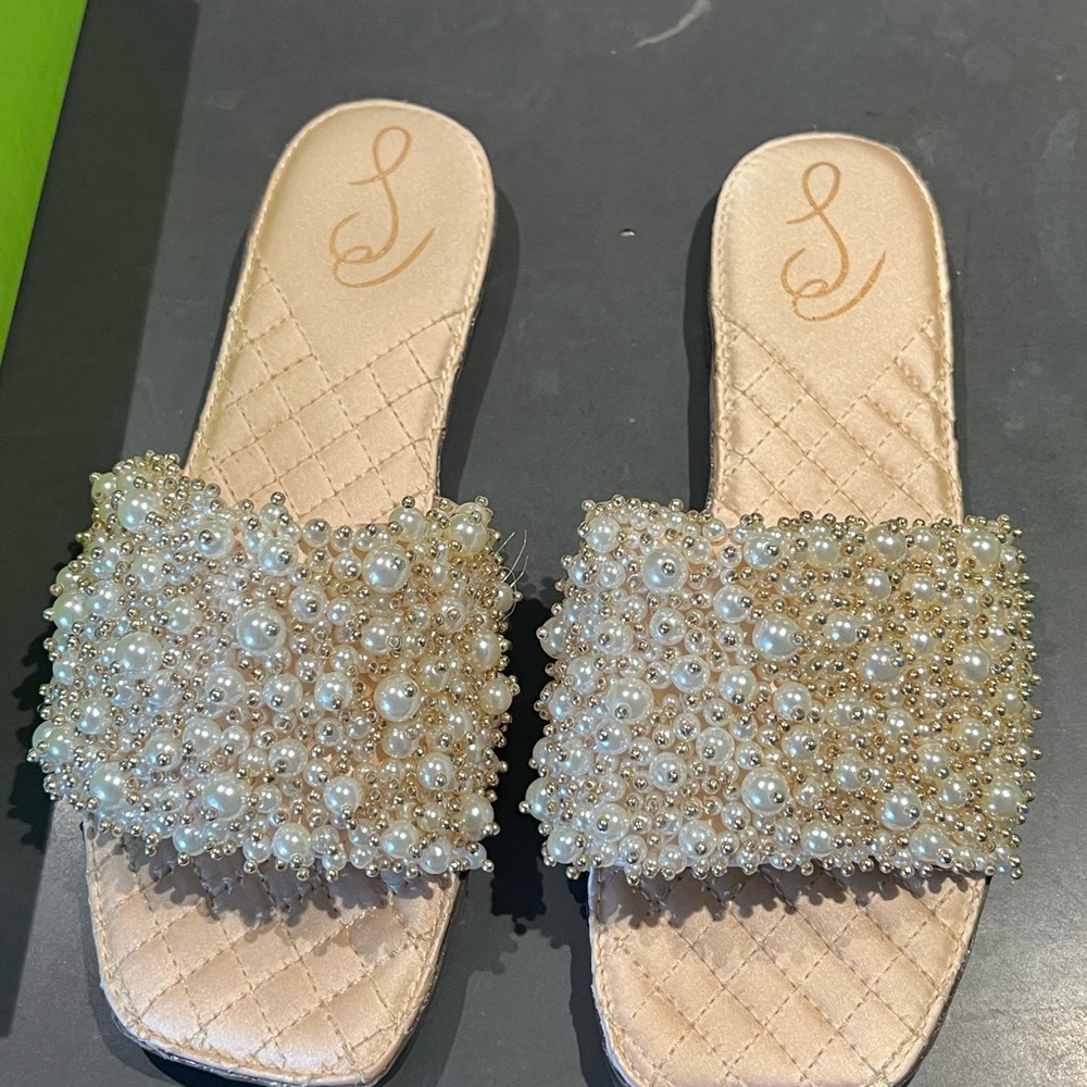 Sam Edelman Pearl-Embellished Slide Sandals in Ivory/Champagne